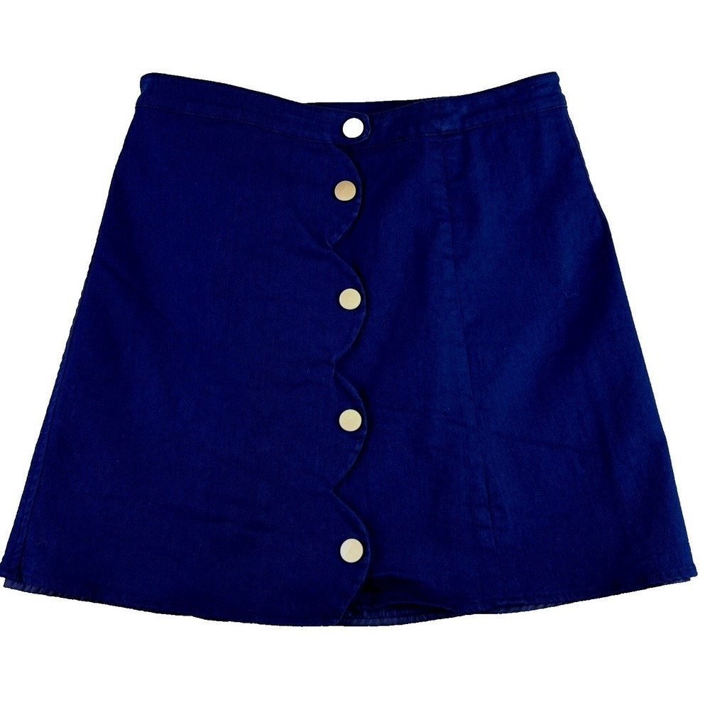 Francesca Harper Heritage Small Blue Scallop Snap Pencil Mini Skirt Boho Preppy